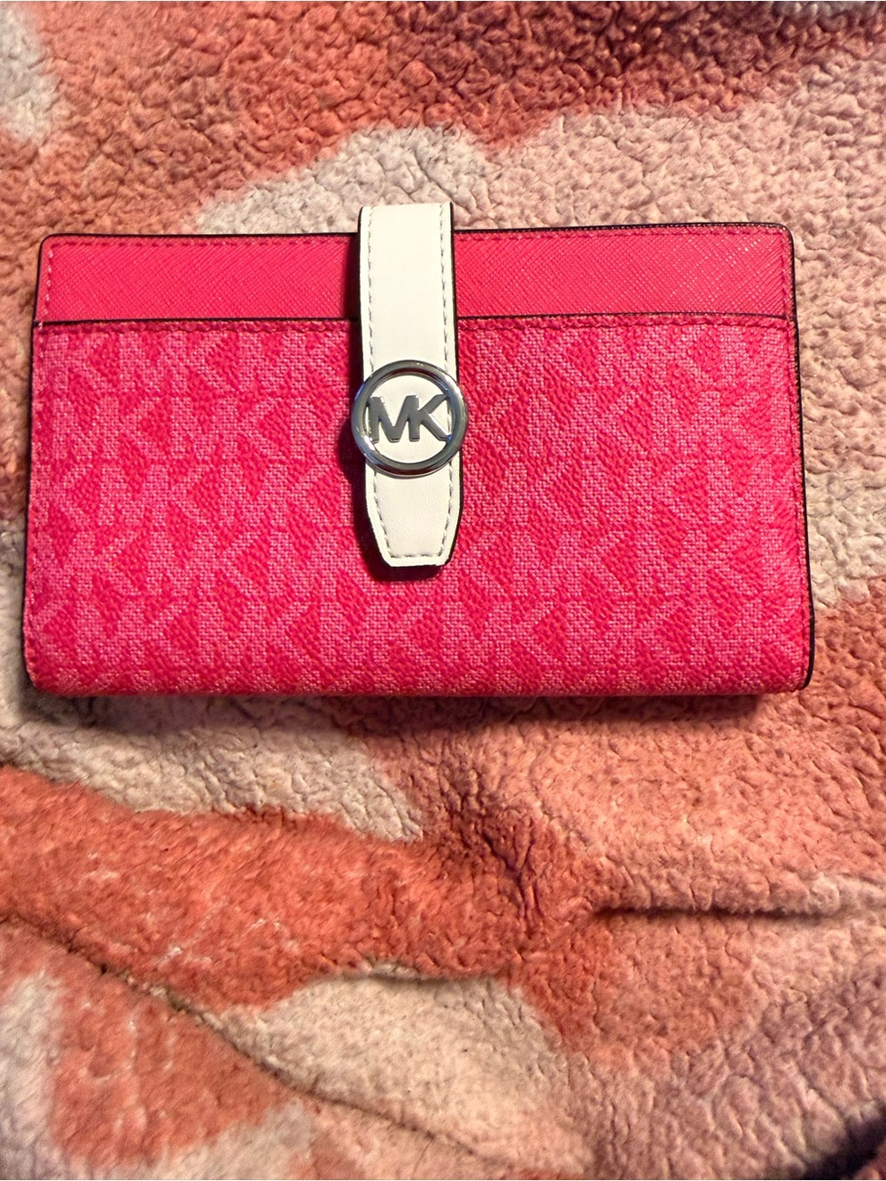 Michael Kors Hot Pink Signature MK Continental Wallet with Cream Strap